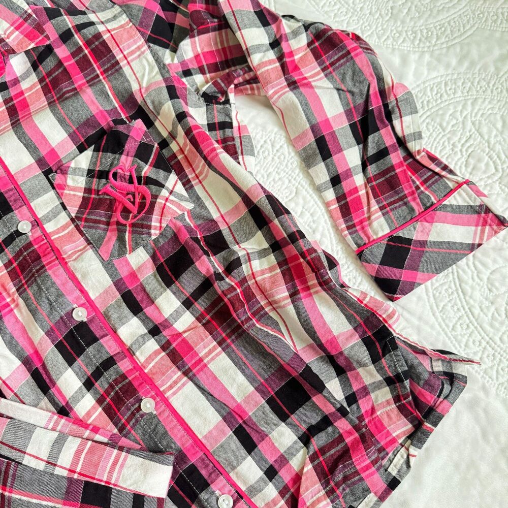 Victoria's Secret Plaid Print VS Logo Embroidered Pajamas Set Pink Black Size XS - Picture 9 of 9